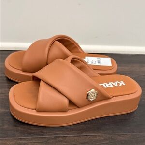 Karl Lagerfeld Light Brown Cross-Strap Platform Slide Sandals